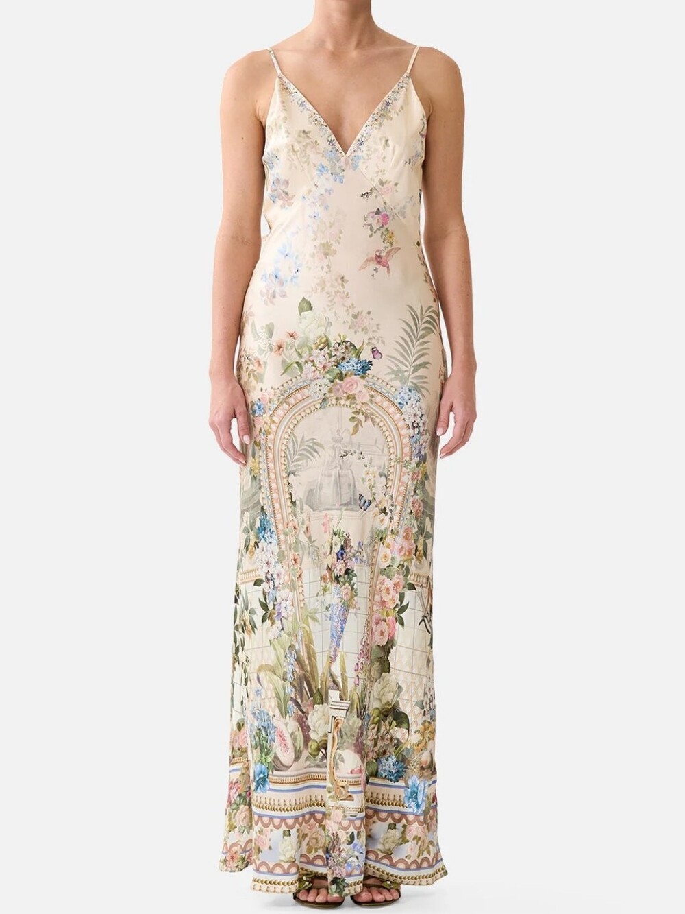 Camilla V Neck Full Length Bias Slip Dress In Midsummer Masterpiece